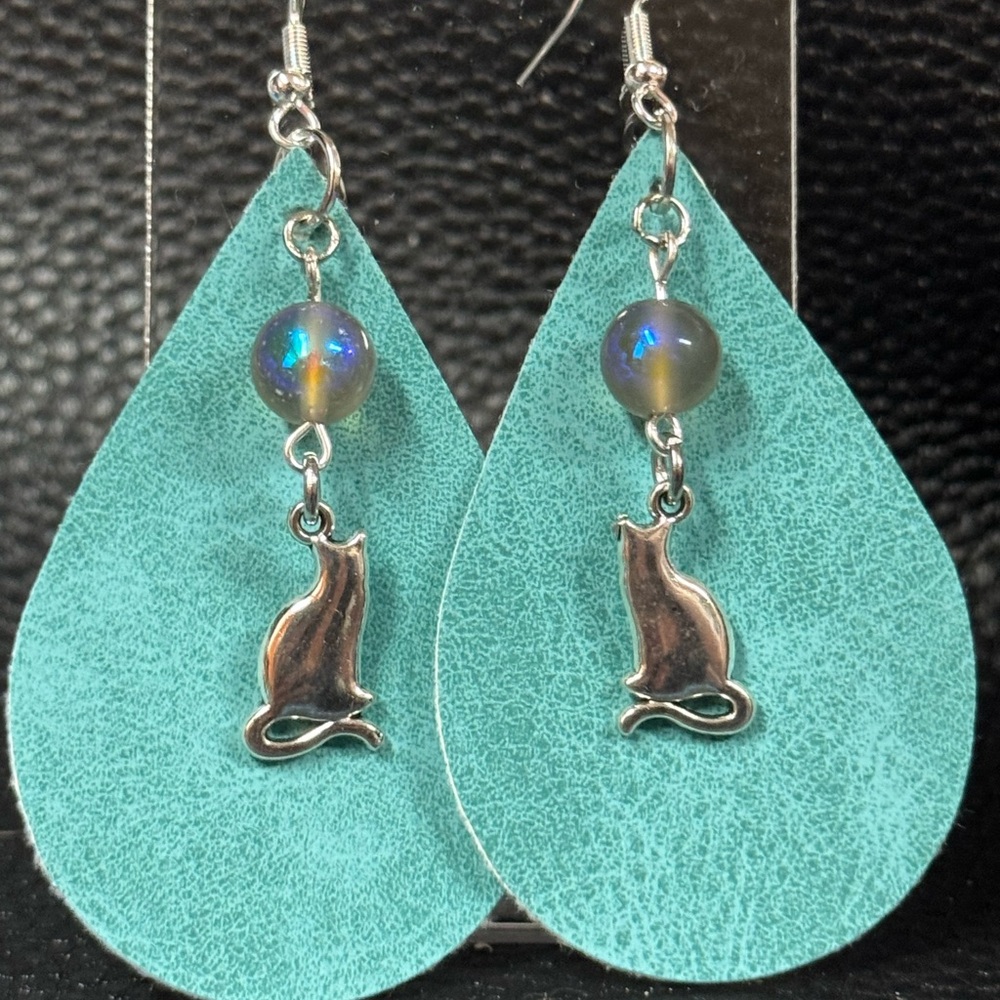 Teal Faux Suede Leather Earrings with Cat Charms